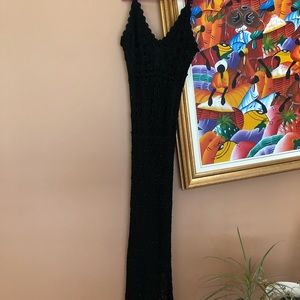 Le Château Spaghetti Strap Maxi Long Black Lace Dress — beads details
